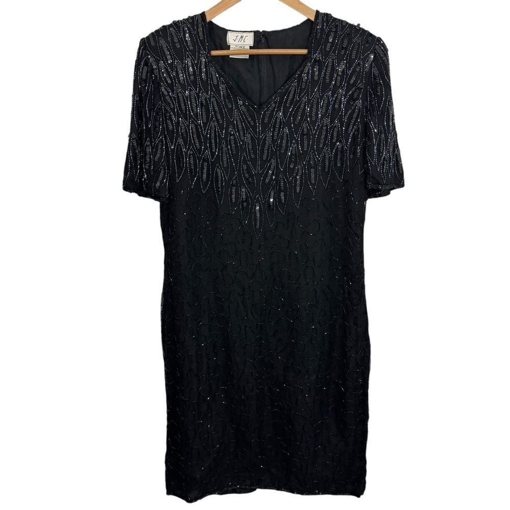 Vtg JMC 100% Silk Beaded Dress Sz 1X Black Knee Length Elegant Cocktail Party
